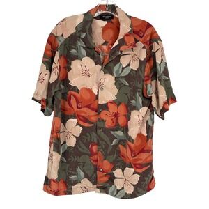 Brandini Pure Silk‎ Button Down Shirt Brown Orange Floral 100% Silk Large